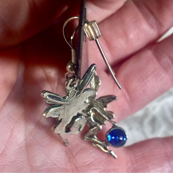 Silver Fairy Earrings with Blue Beaded Accents Dangle Style Whimsical Jewelry - Picture 3 of 4